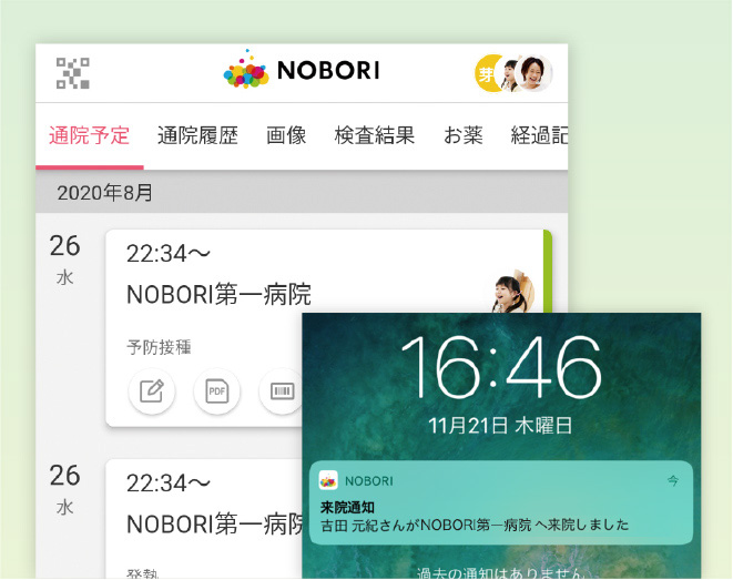 健診、PHRの健診の予約情報の表示と通知イメージ